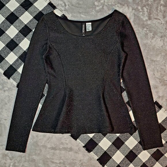 S | Divided | Metallic Peplum Long Sleeved Blouse - Picture 1 of 5